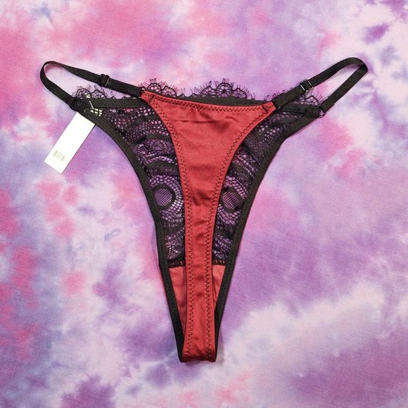 NWT Limited Edition Adjustable High Rise Satin & Lace Thong: M - Picture 2 of 3